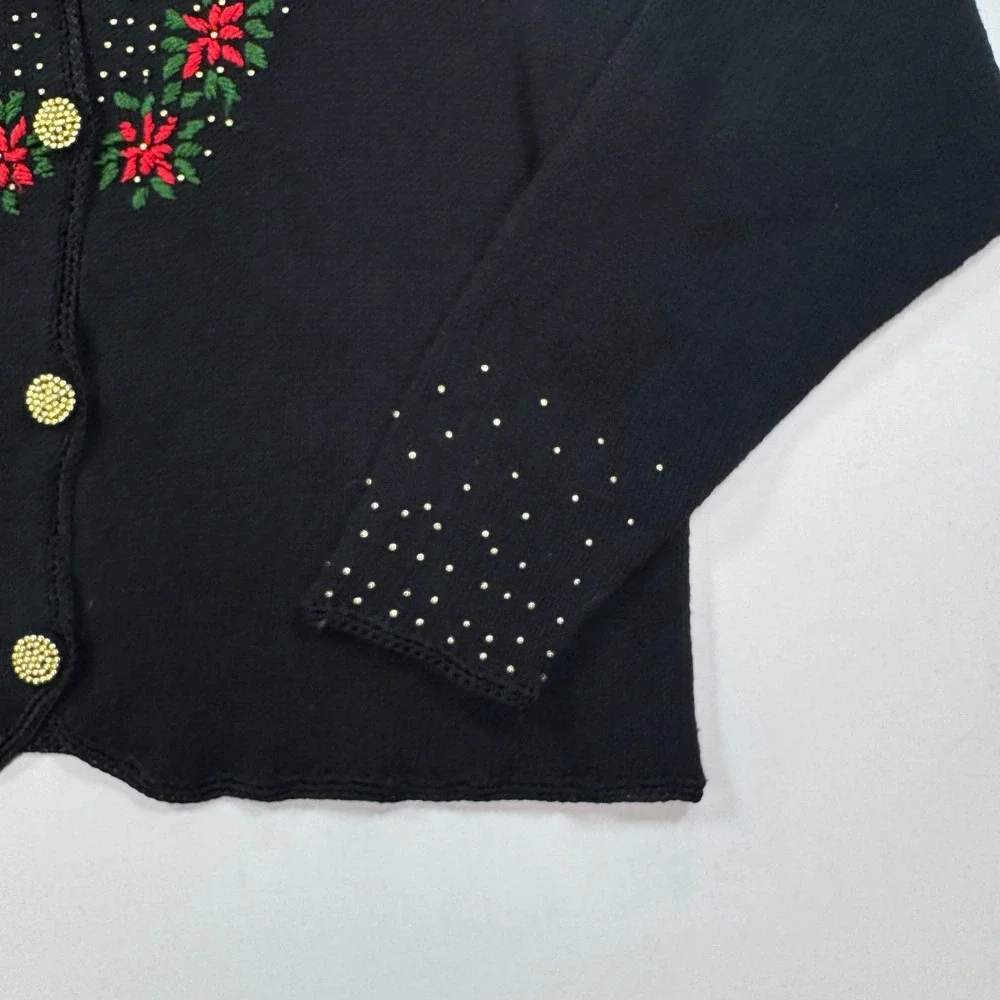 Christopher & Banks Christmas Cardigan Sweater Large Black Poinsettia Beaded L